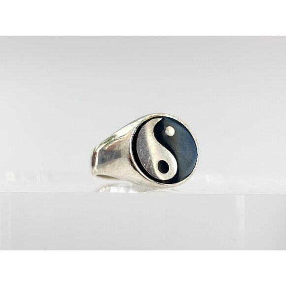 Yin Yang Chunky Signet Flat Top Statement 925 Sterling Silver Vintage Ring - Picture 4 of 12